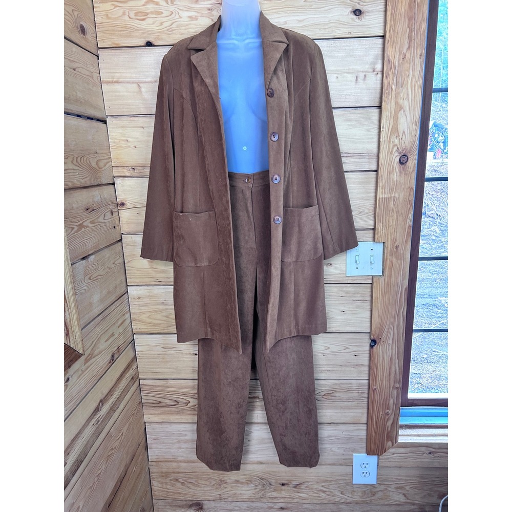 Anne Weyburn La Redoute Brown Faux Suede Pant Suit Long Blazer Set Sz‎ 8 Vintage